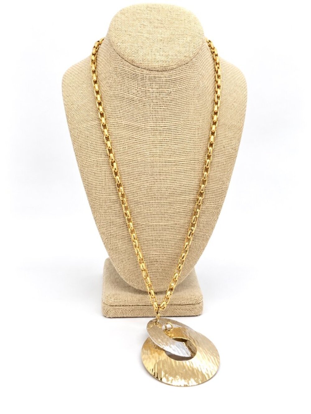 VINTAGE NAPIER NECKLACE Two Tone Hammered Disc Pendant Modernist Gold Silver